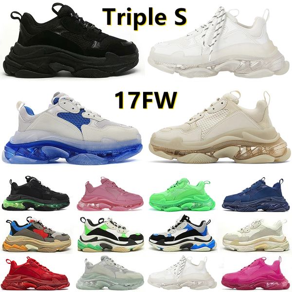 Designer 17FW Triple S Men Women Casual Shoes sneakers platform Tan clear sole black white grey red pink blue Royal Neon Green mens trainers