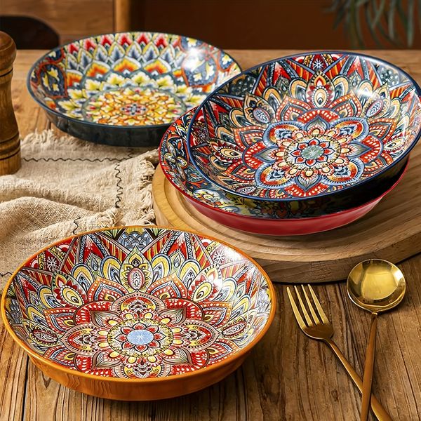 Boho Chic 2pcs Set 8 Inch Deep Ceramic Plates ral Design for Salad Fruit Rice All Season Round Dinnerware ph225 H4