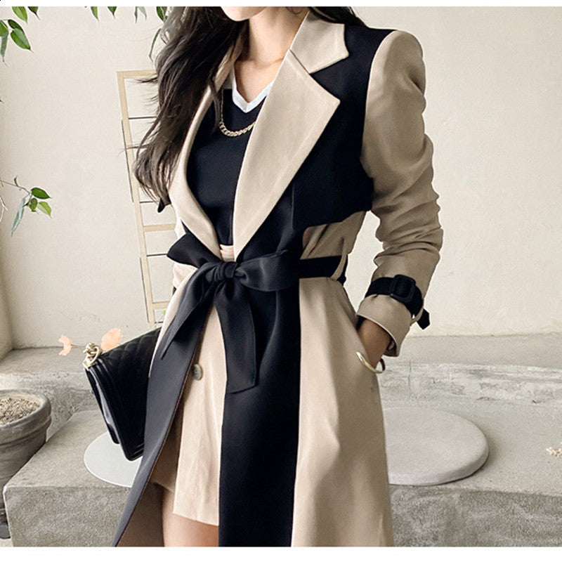 DEAT Woolen Coat Women Long Length With Sashes Slim Lapel Collar Hit Color High Street Slim Autumn Fashion AM617 201222