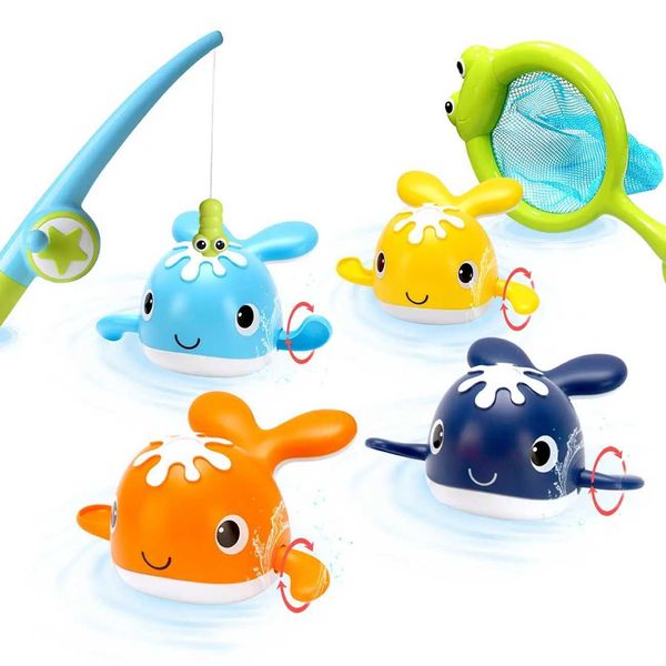 Magnet Baby Bath Fishing Toys Wind-up Swimming Whales Bathtub Toy Fishing Game Water Tub Toys Set with Fishing Pole Net for Kids C250117