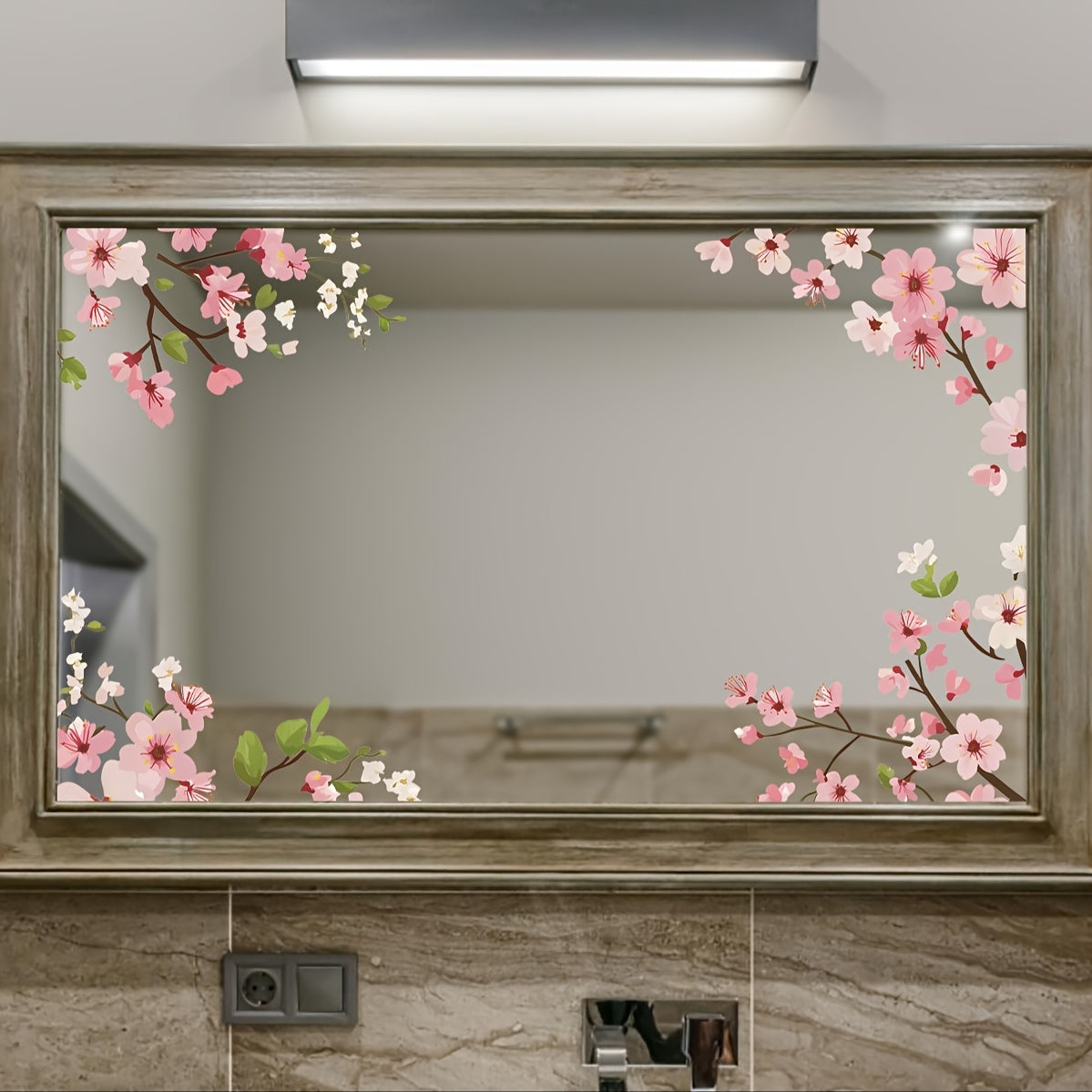 TEMU 1pc2 Sakura Glass Stickers - Pvc Self-adhesive Decals, Removable Semi-matte Pink Stickers, Suitable For Bathroom Mirrors, Tiles, Vanity - ,