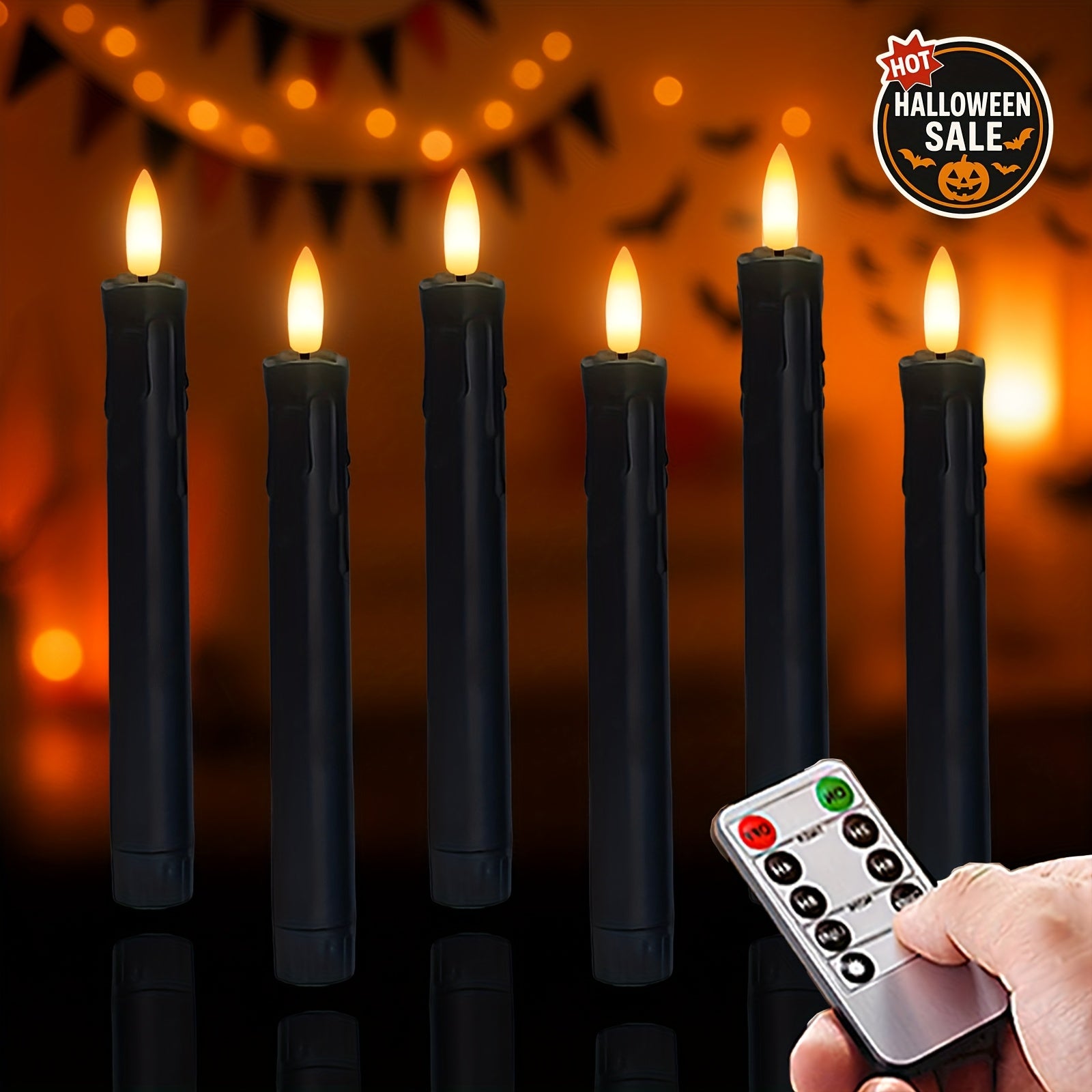 TEMU Halloween Decorations 6 Pack Black Halloween Flameless Candles With Timer - Wax Drip Led Flickering Taper Candlesticks Battery Operated,