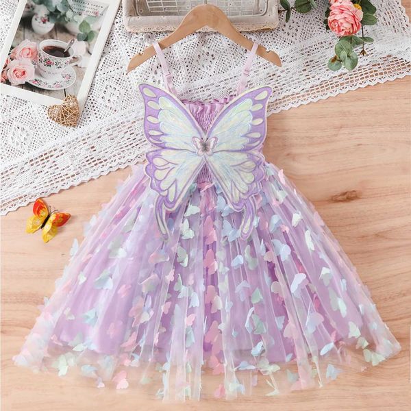 Baby Girls Big Butterfly Wings Gauze Princess Dress Lovely Kids Summer Sleeveless Tulle Sling Dress Children Birthday Party Gown M250114