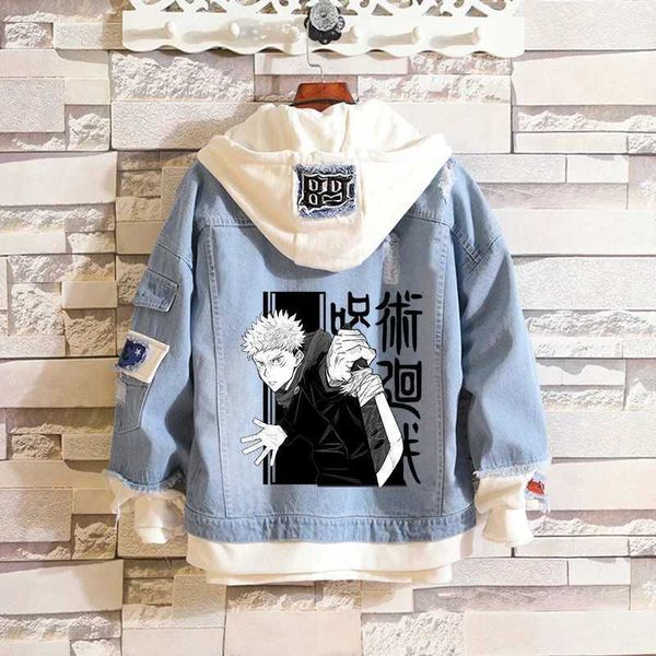 Men's Jackets Hot Anime Jujutsu Kaisen Anime Men Jeans Jacket Gojo Satoru Print Casual Women Patchwork Denim Jacket Autumn Hooded Outwe