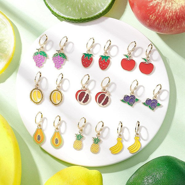 9 paire de 9 styles de boucles d'oreilles pendantes à levier en alliage émaillé banane fraise raisin fruit