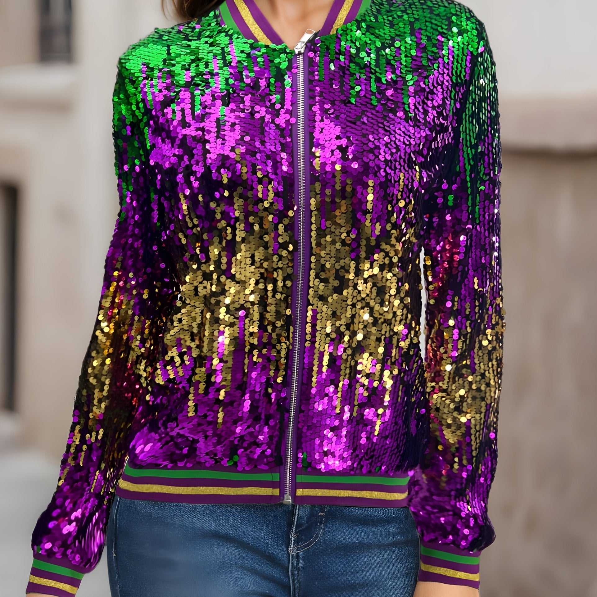 TEMU Women's Sequin-embellished Casual Jacket - Long Sleeve Party & Everyday Coat With Purple & , Round Neck Lightweight Spring-fall Outerwear,