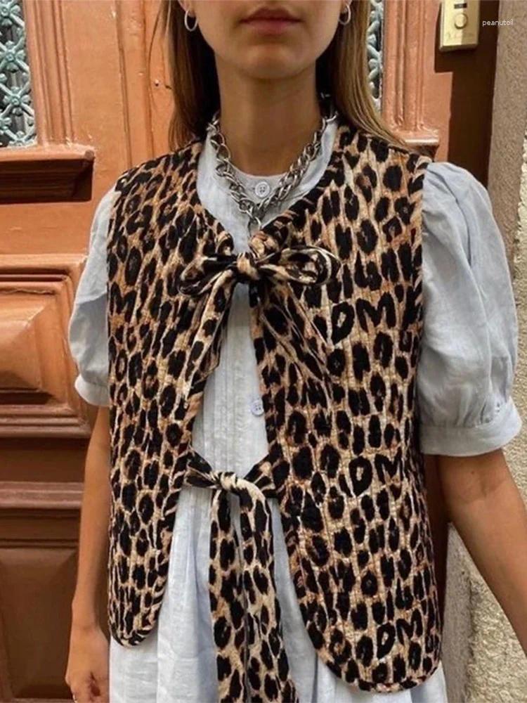 Women&#039;s Tanks Fashion Leopard Printed Lace Up Vest Women Chic V Neck Bow Sleeveless Jacket 2024 Spring Autumn Female Wasitcoat High Street
