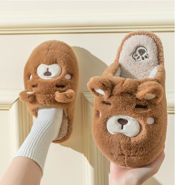 Cotton Slippers Women Men Winter Home Shoes Thick Bottom Non-slip Couples Household Slides Cute Cartoon Bear Warm Plush Slipper