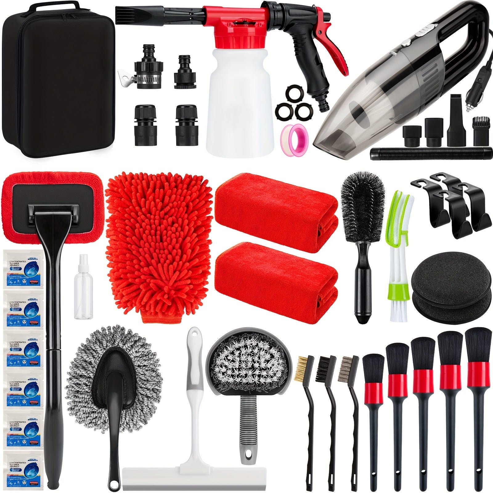 TEMU 16-26-42pcs Car Washing Cleaning Kit, With Foam Spray Gun, Detail Brush, Portable Vacuum Cleaner, Windshield Cleaning Tools, Tire Brush, Towel,