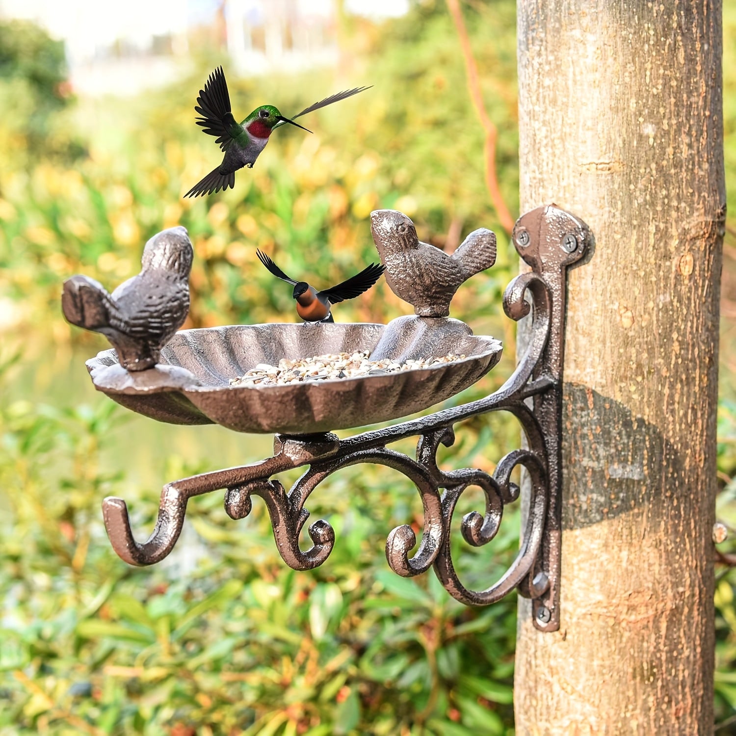TEMU Rustic Heavy Duty Cast Feeder With Hanging Bracket - Wall Mounted Bird Bath - Vintage & Lovely Birds Hanger Wall Hook For Planters, Lanterns,