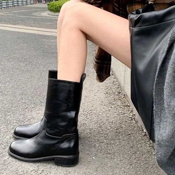 Boots Biker Black Western Punk Mid Calf Shoes For Woman Womens Boots Half High Round Toe Quality On Offer Comfortable Goth Footwear J240920