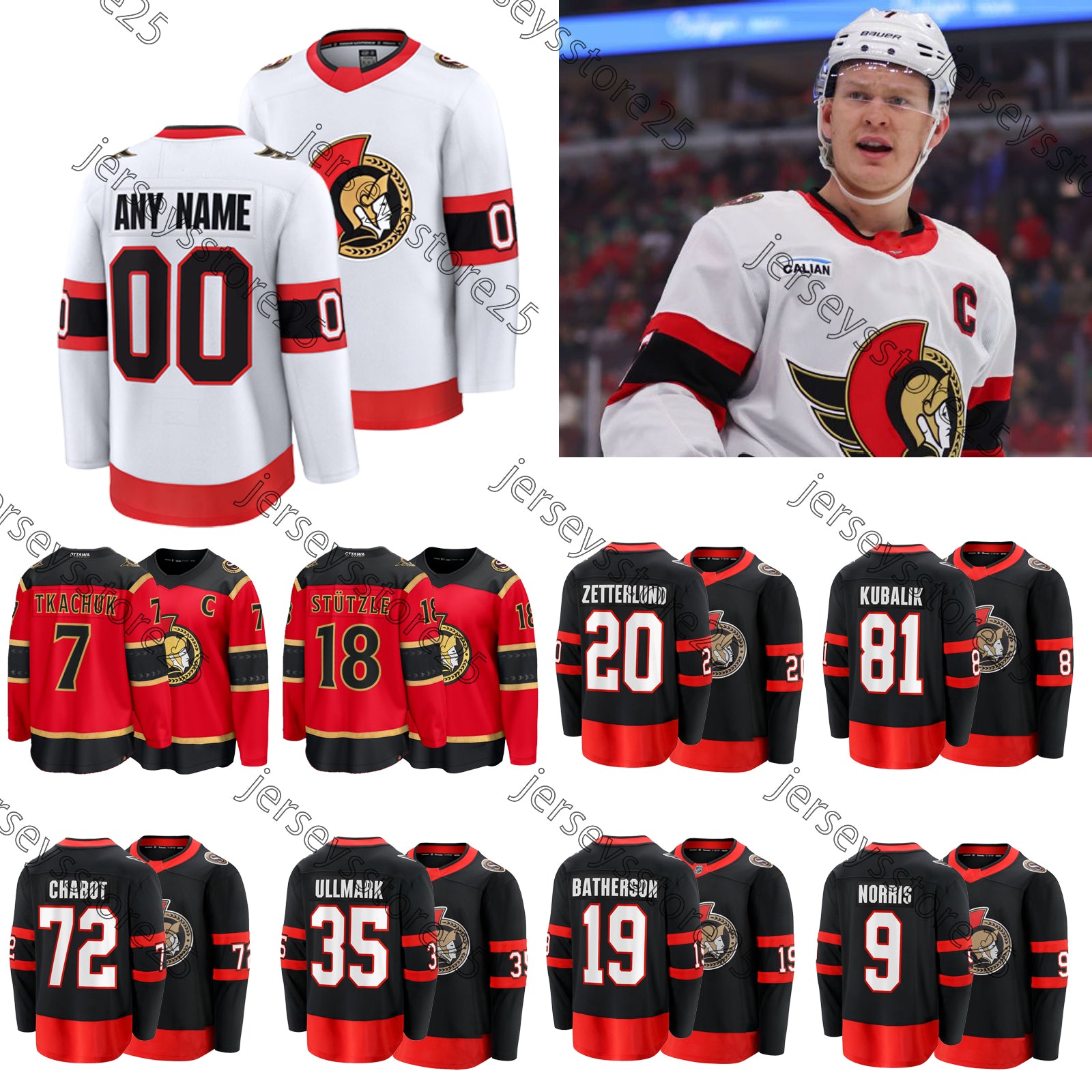 Brady Tkachuk hockey jersey Senators Linus Ullmark Tim Stutzle Thomas Chabot Jake Sanderson Claude Giroux David Perron Nick Cousins Dylan Cozens Lar