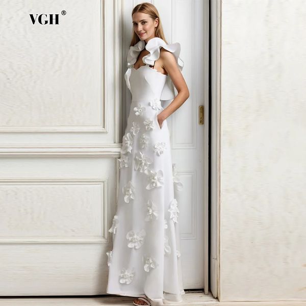 VGH Elegant Spliced Appliques Long Dress For Women Square Collar Sleeveless Backless High Waist Temperament Slim Dresses Female 240808