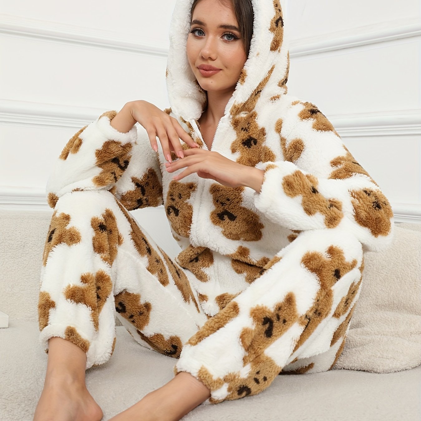 TEMU Bear Pattern Fuzzy Pajama Jumpsuit For Music Festival, Long Sleeve Hooded Zip Pajamas, Women's Lingerie & Sleepwear