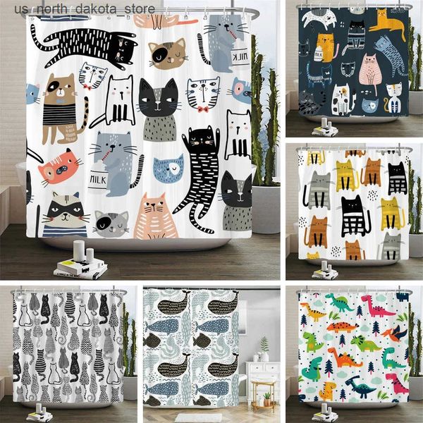 Cat Printed Cartoon Animal Bathroom Cover Shower Curtains with 12 Hooks J241205