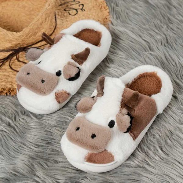 Slippers Winter fun and warm milk cow slider womens comfortable plush sandals adult cute anti slip flip cover couple casual smooth H241014