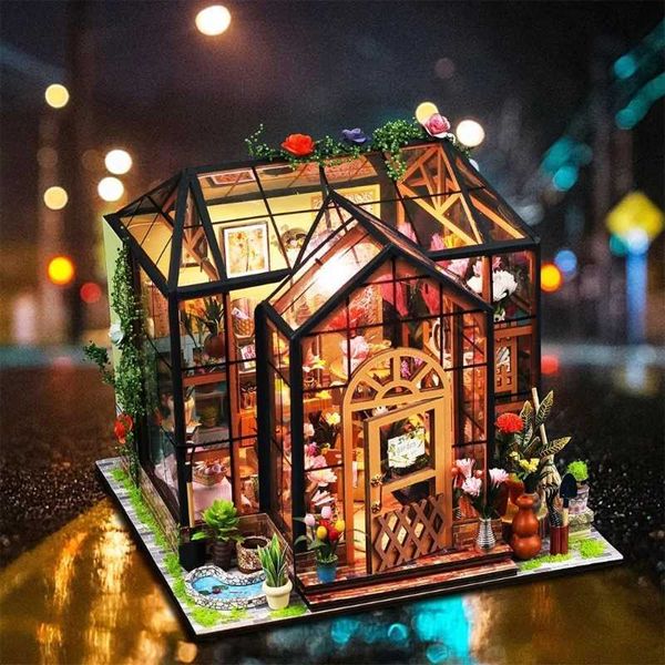 ArchitectureDIY House DIY Glow Miniature House Models with Furniture Kits Kids Educational Toy Handmade 3D Greenhouse Art Crafts Women Girl