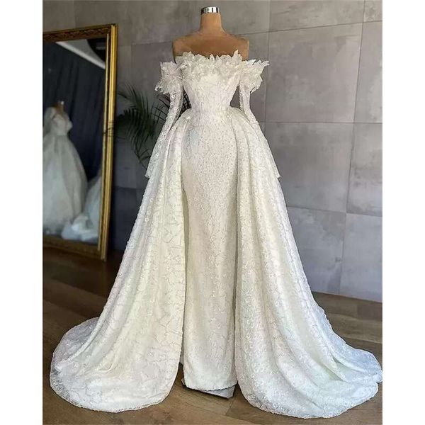 White Lace Mermaid Wedding Gowns 2022 With Overskirt Off Shoulder Long Sleeves Beading Plus Size Sweep Train Bridal Dresses Vestido De Noiva