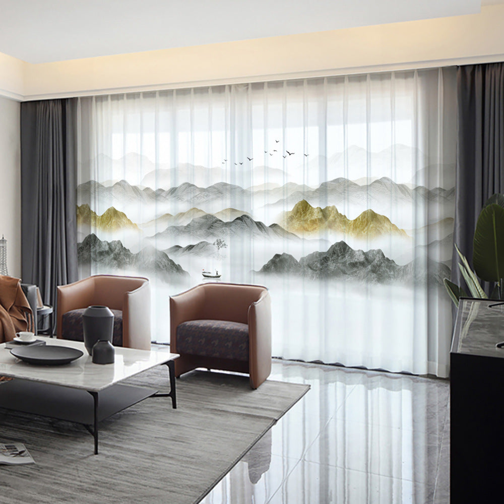 YL-36603 New Chinese style gauze curtain ink landscape painting curtain Chinese style 2025 new living room partition curtain light-transmitting