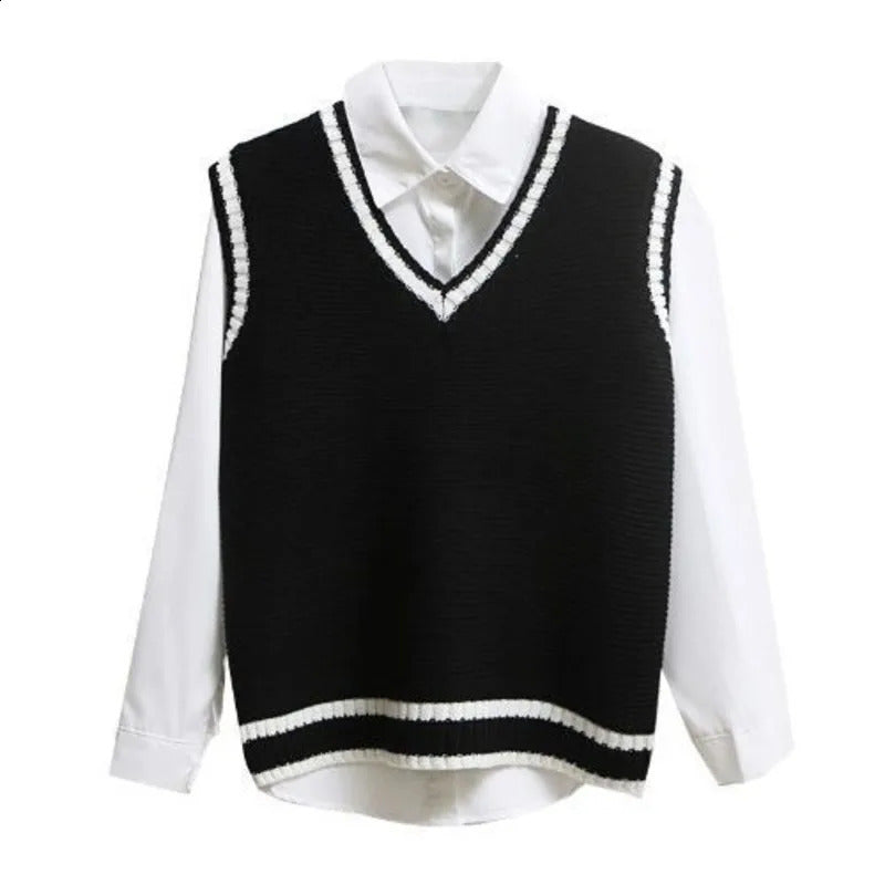 Korean Style Fashion Women Sleeveless Sweater Vest 2024 V Neck Knitted Pullover Female Spring Fall Jumper Top Knitwear Outerwear 241017Z