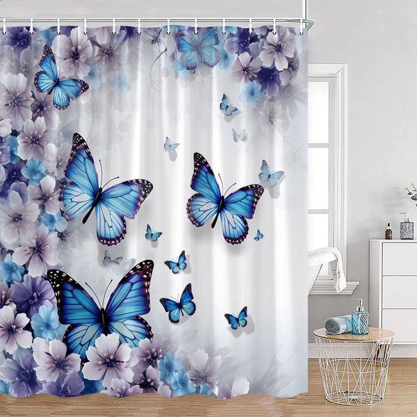 Flower Blue Butterfly Shower Curtain Purple Flower Butterfly Plant Polyester Fabric Bathroom Decoration with Hook Bathroom Curtain 240903
