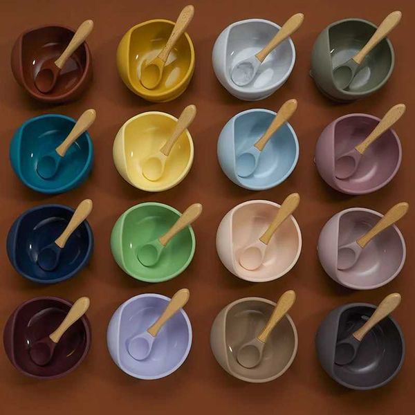 Cups Dishes Utensils 22 colors!! 1 set of silicone baby feeding bowl set baby learning bowl suction cup bowl set wooden spoon non slipL2405