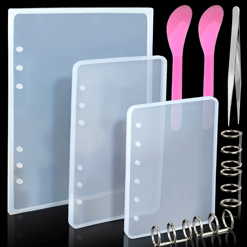 TEMU 10pcs Epoxy Resin Casting Molds Set With Stainless Steel Book Rings, Tweezers & Spoons - Rectangle & Square A5 A6 A7 Notebook Cover Molds For