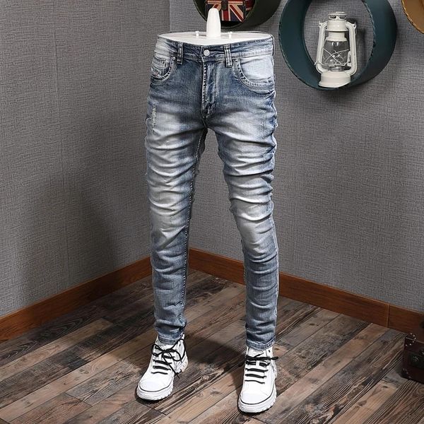 Fashion Men Jeans Retro Light Blue Stretch Slim Fit Printed Ripped Jeans Men Hole Trousers Vintage Casual Pants Hombre 241219