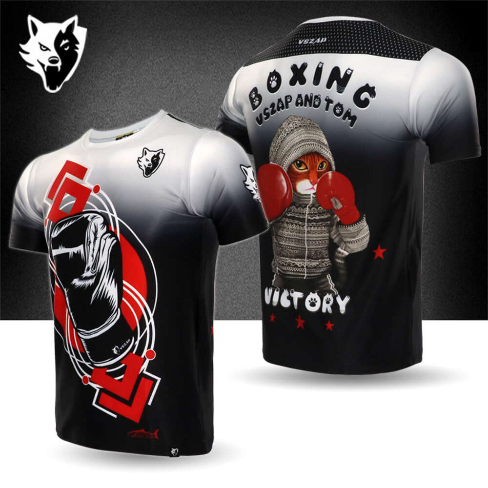 Vszap Boxing Cat Combat Fighting Training Wear Short-sleeved T-shirt Men&#039;s Competition Running Workout Clothes Muay Thai