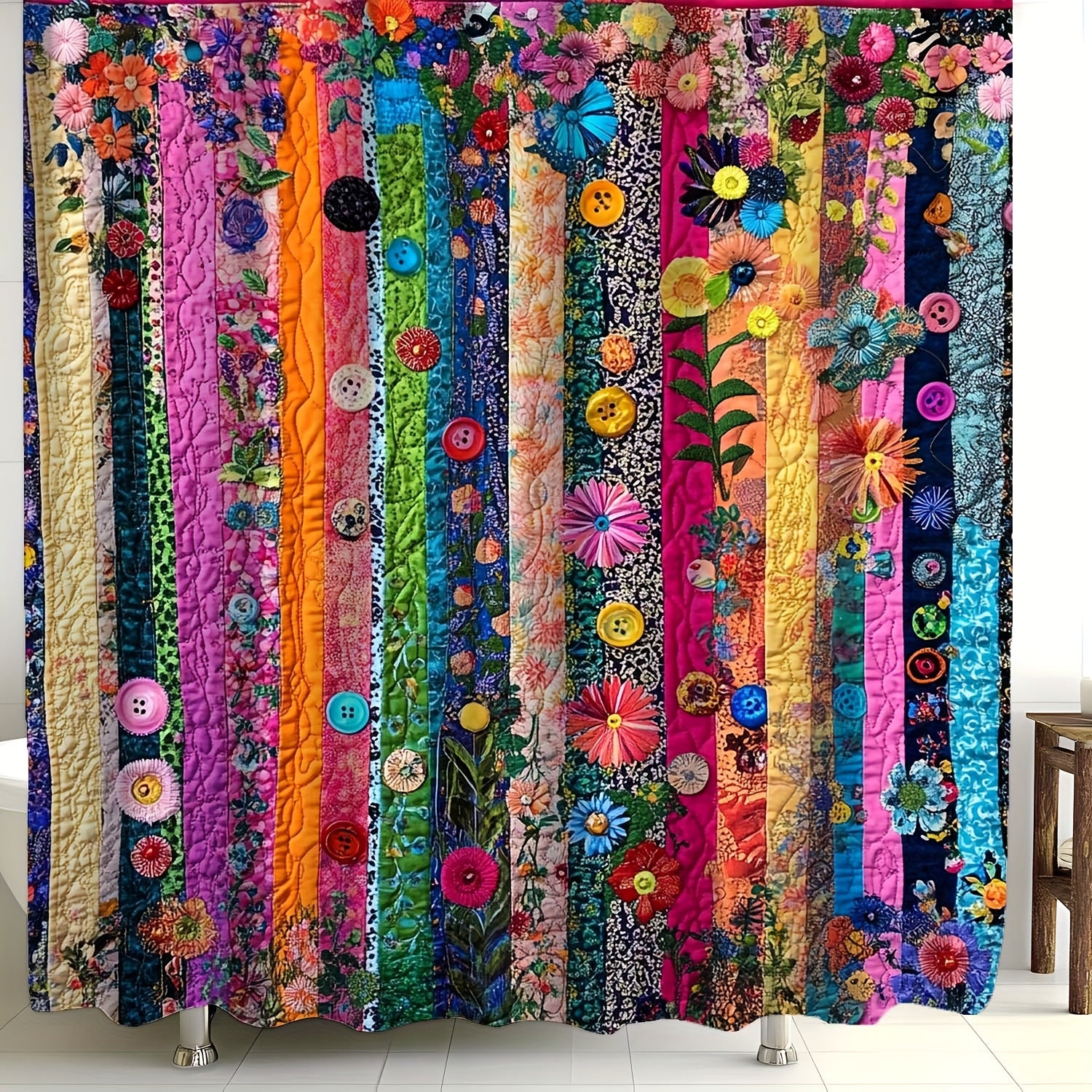 TEMU Vintage Striped Floral Print Shower Curtain With 12 Hooks, Includes Window Curtains