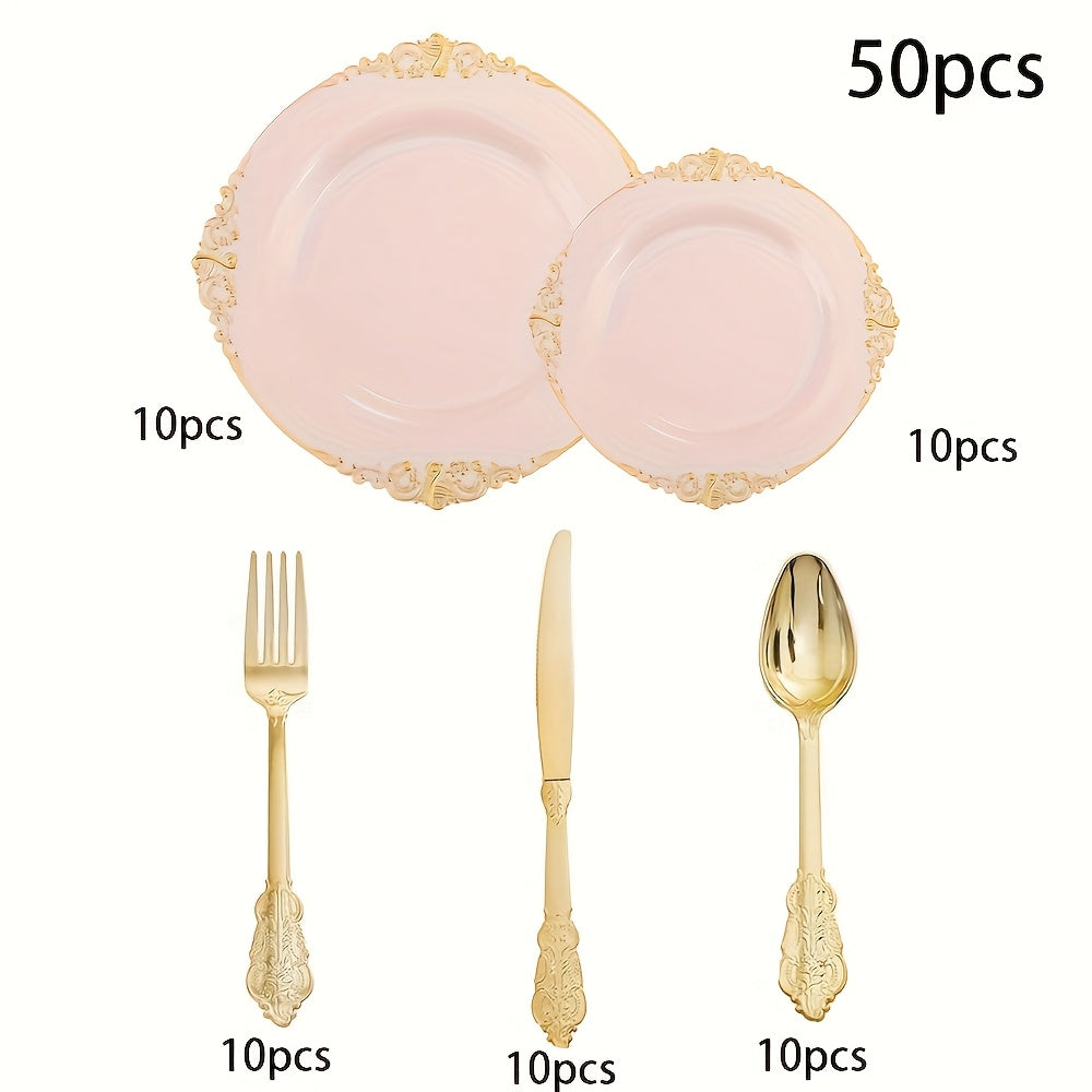 TEMU Pink Retro Dinner Plate Set, Including 10 Dinner Plates And 30pcs Of Silverware, Suitable For 10 People To . Suitable For Birthday Parties,