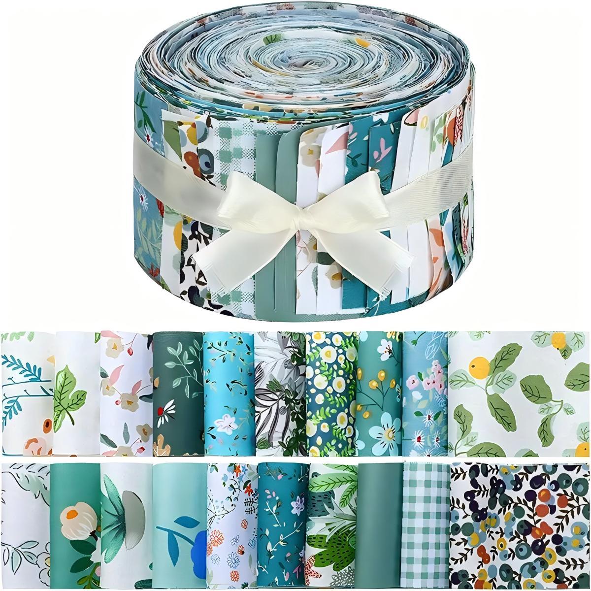 TEMU 40pcs Blue Tropical Leaf & Floral Fabric Quilting Strips Set - Vibrant Jelly Rolls For Diy Crafts, Scrapbooking, And Doll Clothing, Pre-cut