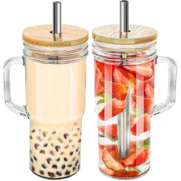 2Pcs Glass Wooden Lid Bubble Tea Cold Drinking Coffee Wine Juice Milk Transparent Straw Car Mug Cup Drinkware Water Bottle