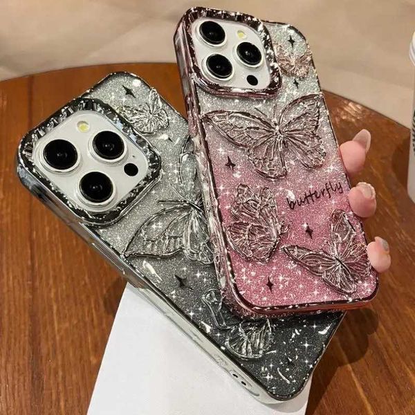 Phone case 3D Bling Glitter Butterfly Quicksand Gradient Phone Case For iPhone 16 15 14 13 12 11 Pro Max 16 Plus Plating Shockproof Cover Z2