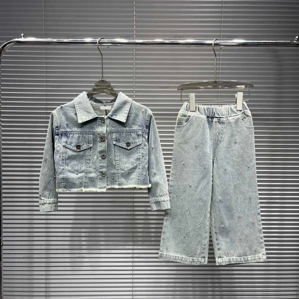 Brand denim Tracksuits girl autumn suits Size 100-160 CM kids designer clothes hot diamond Polo collar denim jacket and wide leg jeans