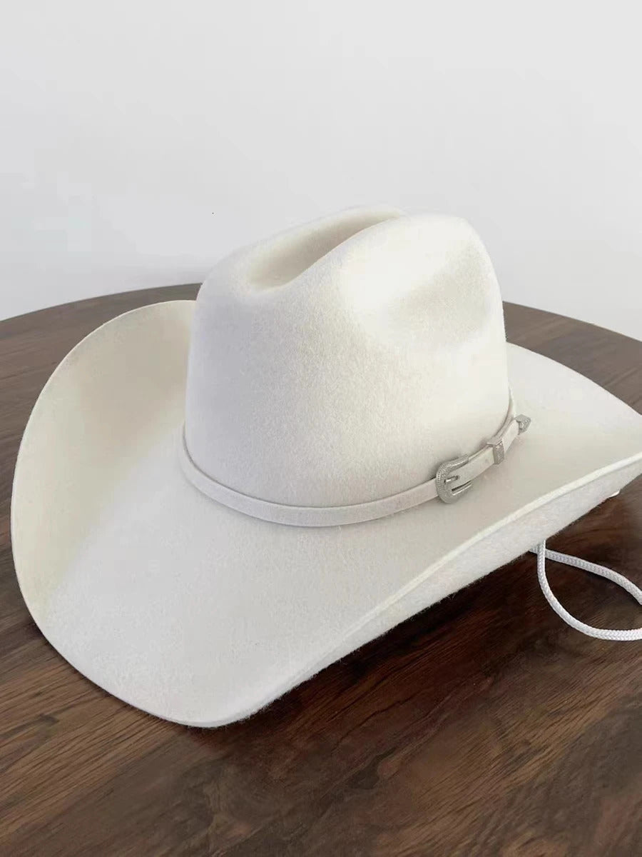 White 100% Wool Denim Hat Womens and Mens Outdoor Fedora Jazz Hat Riding Horse Hat Fashion Western Cowboy Hat Belt Accessories 250522