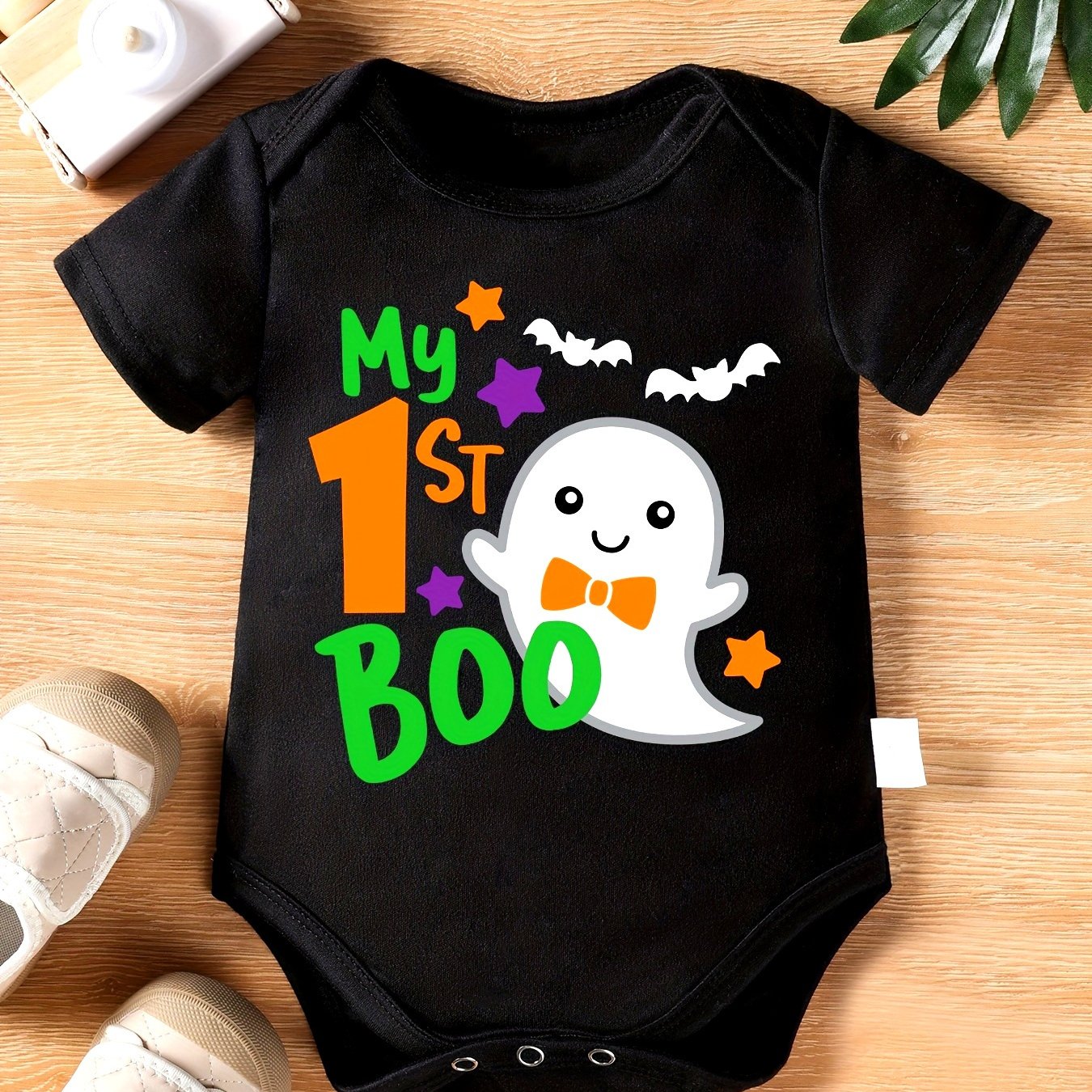 TEMU Adorable " Halloween" Baby Bodysuit - Soft Cotton With Bat & Print, Elastic Short Sleeves, Round Neck - Machine Washable For Newborns & Infants,
