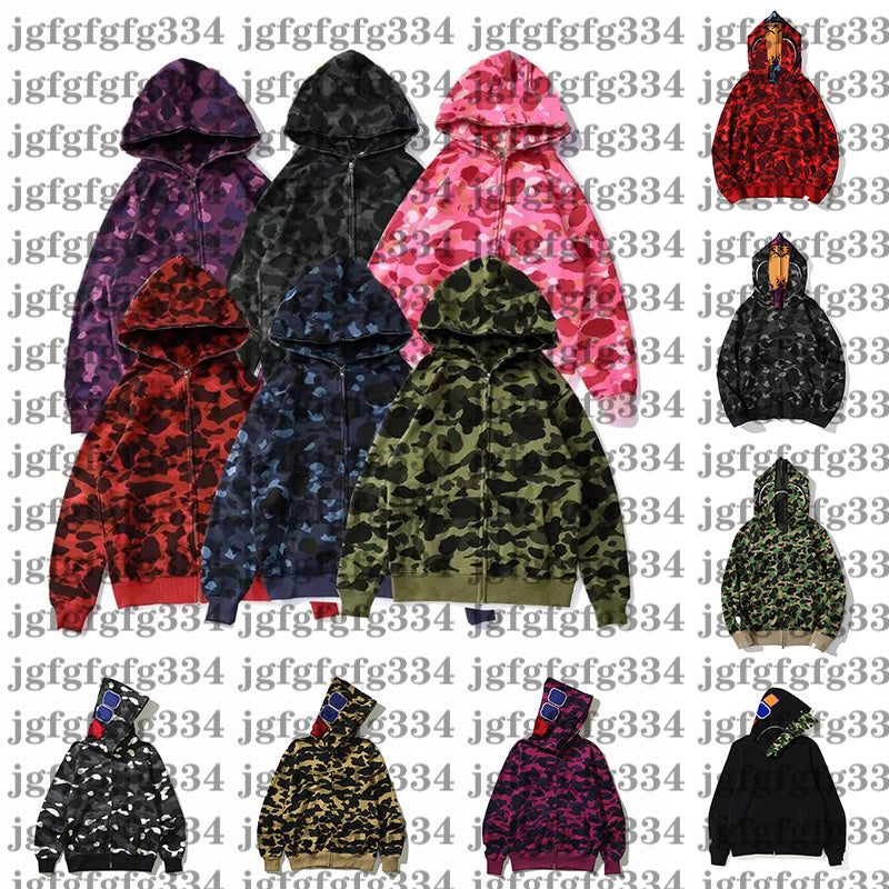 New Shark Hoodie Mens Full Zip Up Hoodies for Woman Designer Black Blue Grey Red Pink Camouflage Jacket Hoody Hooded Sweatshirt Asian Size M-3XL