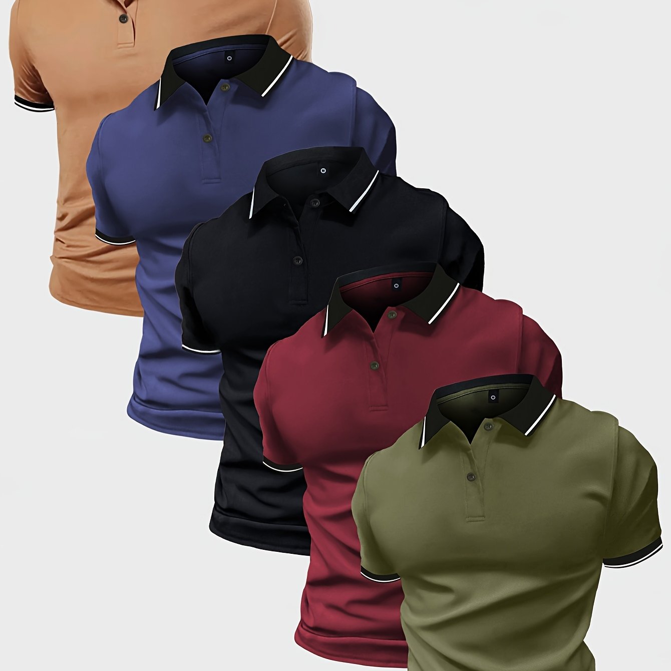 TEMU Set Of 5 Summer Shirts For Men With A Collar, Solid Color, Short Sleeves, In Multiple Colors, Suitable For Work And Casual Sportswear.
