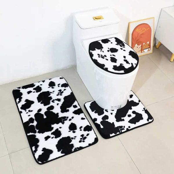 Cow milk printed bathroom mat 3-piece set toilet U-shaped anti slip absorption foot pad toilet seat cover bathroom carpet home decoration M2
