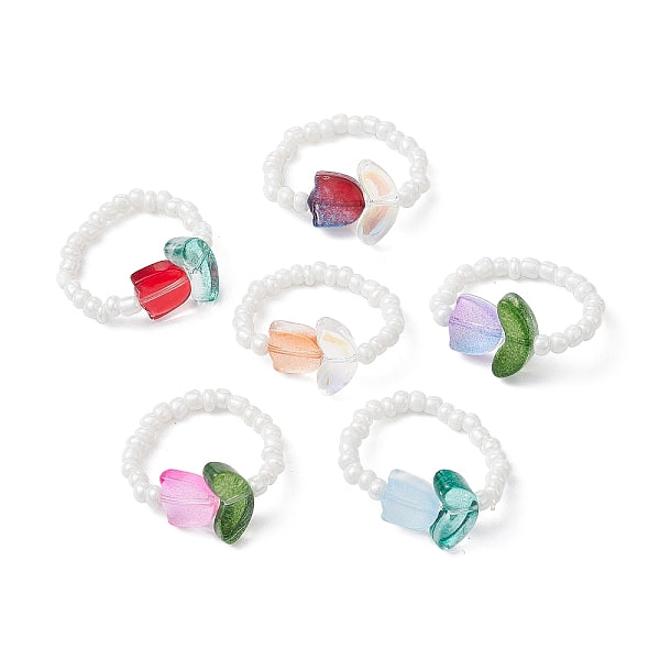 Anneaux extensibles en perles de graines de verre de fleur de tulipe pour femmes