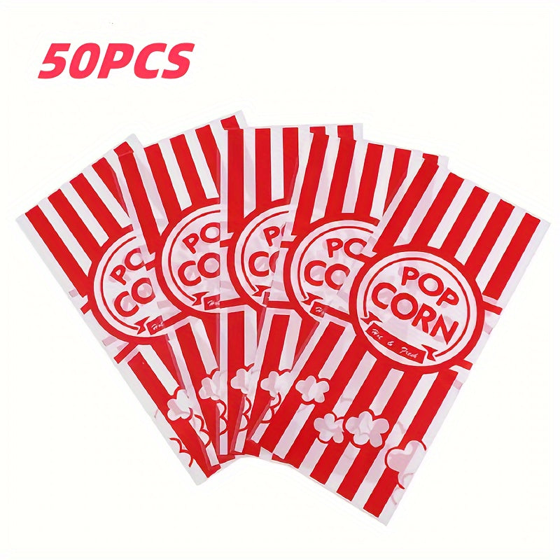 TEMU 50pcs Red Stripes Pattern Popcorn Bags, 4.92''x10.83'', Red And White Striped Party Treat Bags For Candy, Snacks, , Biscuits - Bulk Popcorn