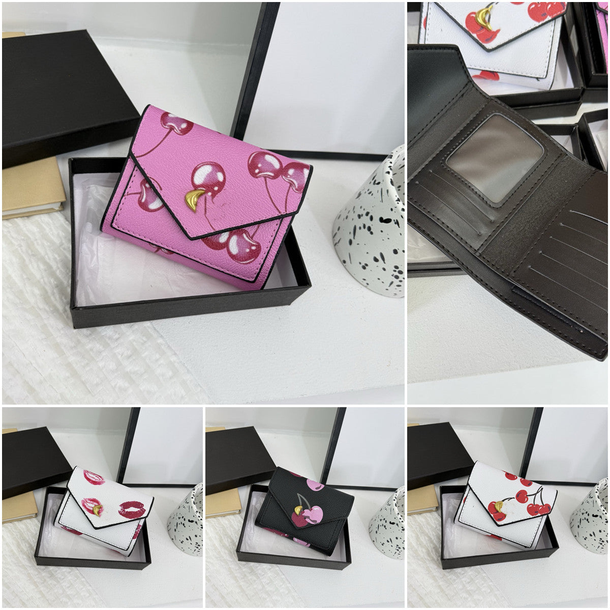 Fashion classic flap fold Card holders womens pink purse Designer Key wallet CardHolder leather zipper wallets man cherry key pouch lady gift coin p