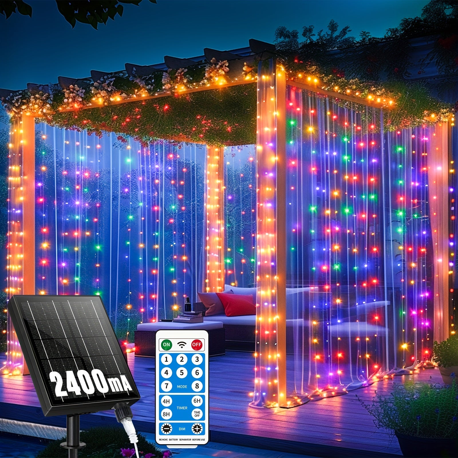 TEMU Usb Powered Curtain Light Waterproof, 10 * 10 300led 2400ma Upgraded Flashing String Fairy Light Remote Control 8 Dimmable Solar Hanging