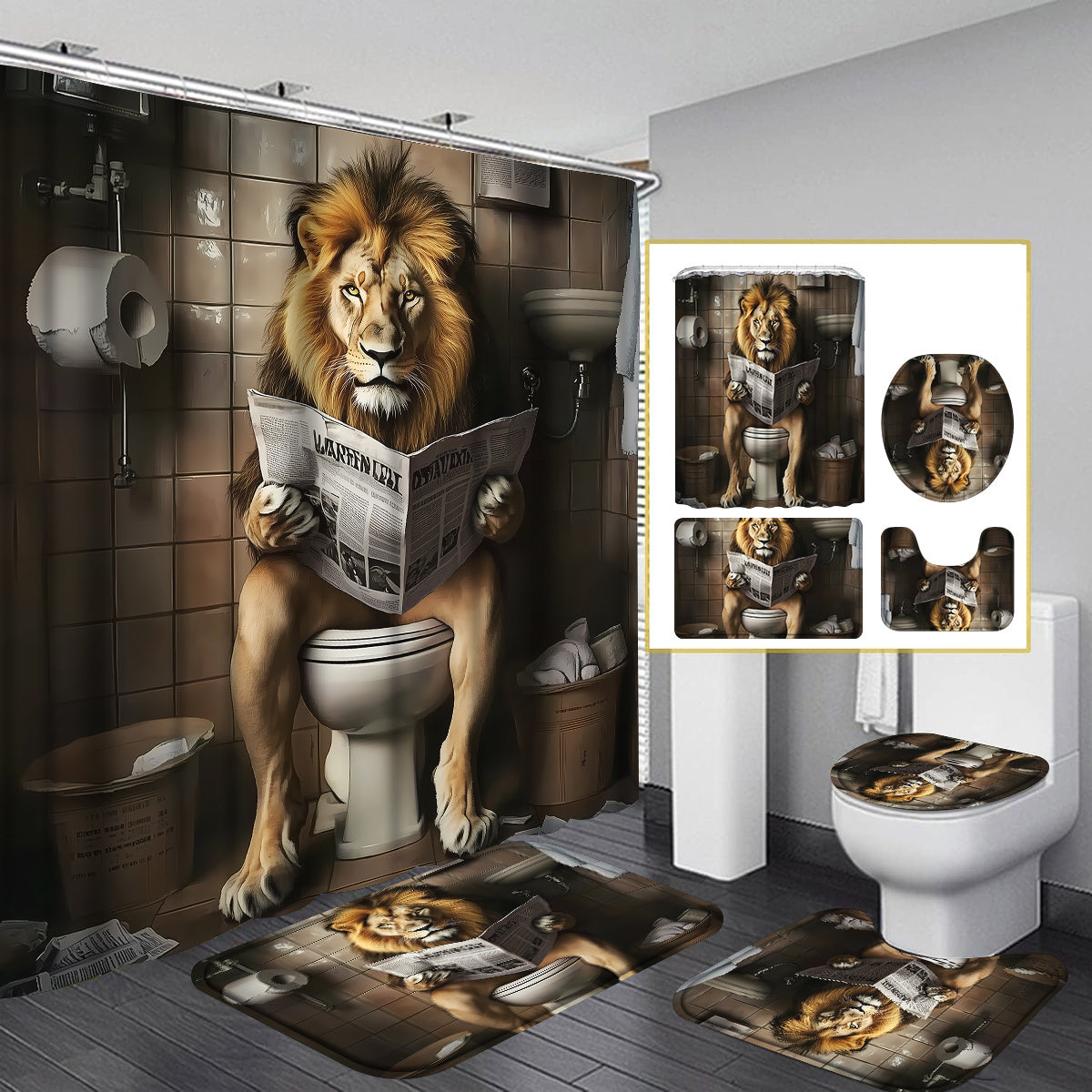 TEMU 4pcs Funny Lion Shower Curtain Set, Brown Humor Animal Reading On Toilet Bathroom Sets With Shower Curtain And Rugs, Fancy Humor Leo Wildlife