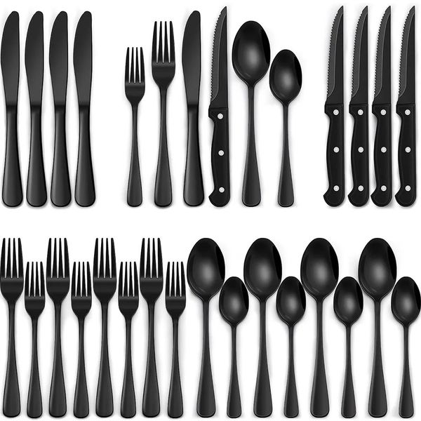 Black Silverware Set with Steak Knives Flatware for 4 FoodGrade Tableware Cutlery Mirror Finished Utensil Sets 250211