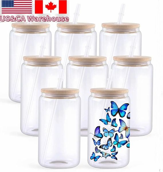 CA USA Local Warehouse bulk wholesale 16oz Clear Frosted Glass Cans Straight Sublimation Tumblers Cup Ice Soda Drink Mugs with Lid and Straw
