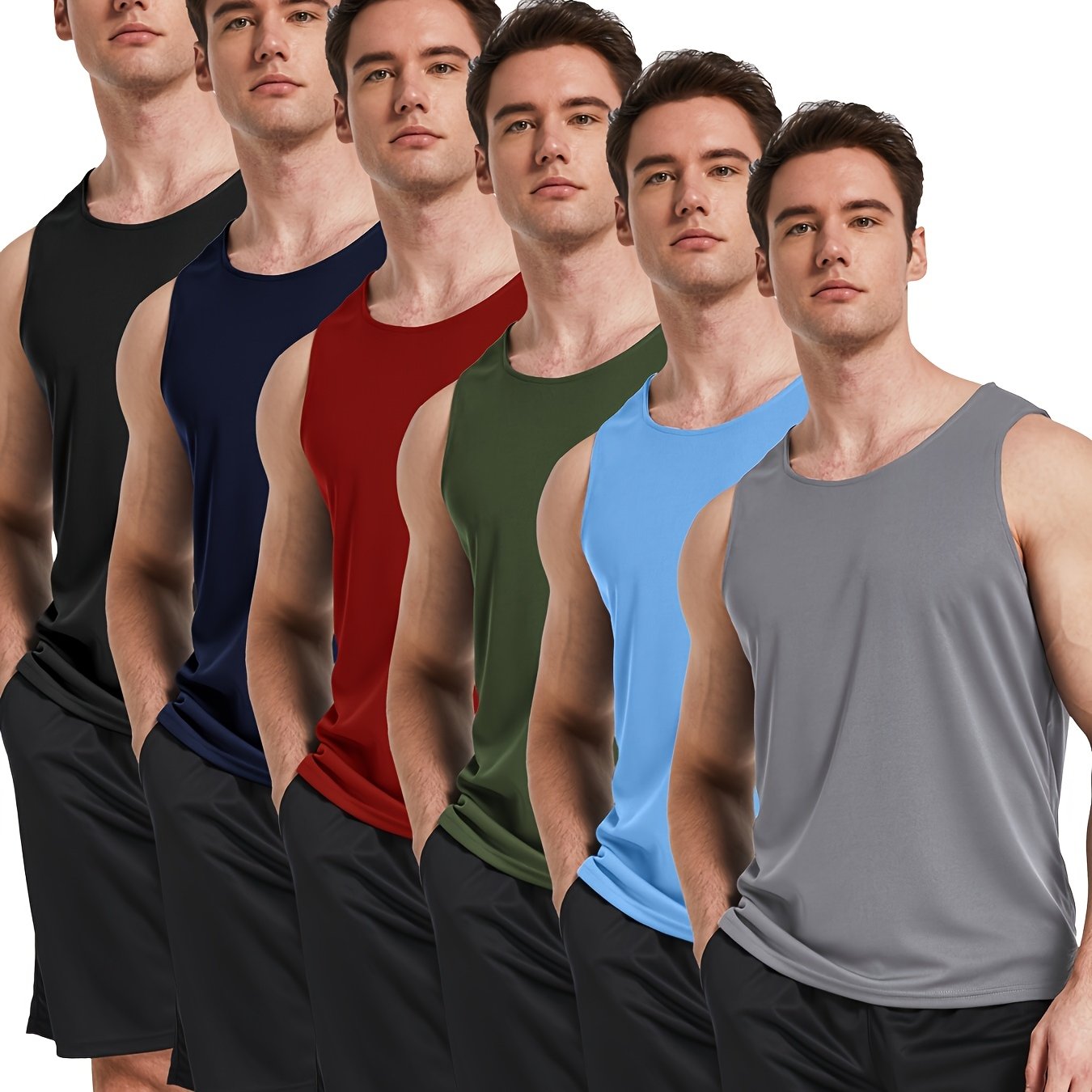 TEMU 6pcs Men's Quick-dry Workout Tank Tops - Breathable, Sleeveless Athletic Shirts In Assorted Colors For Gym, Running & Training - Polyester,