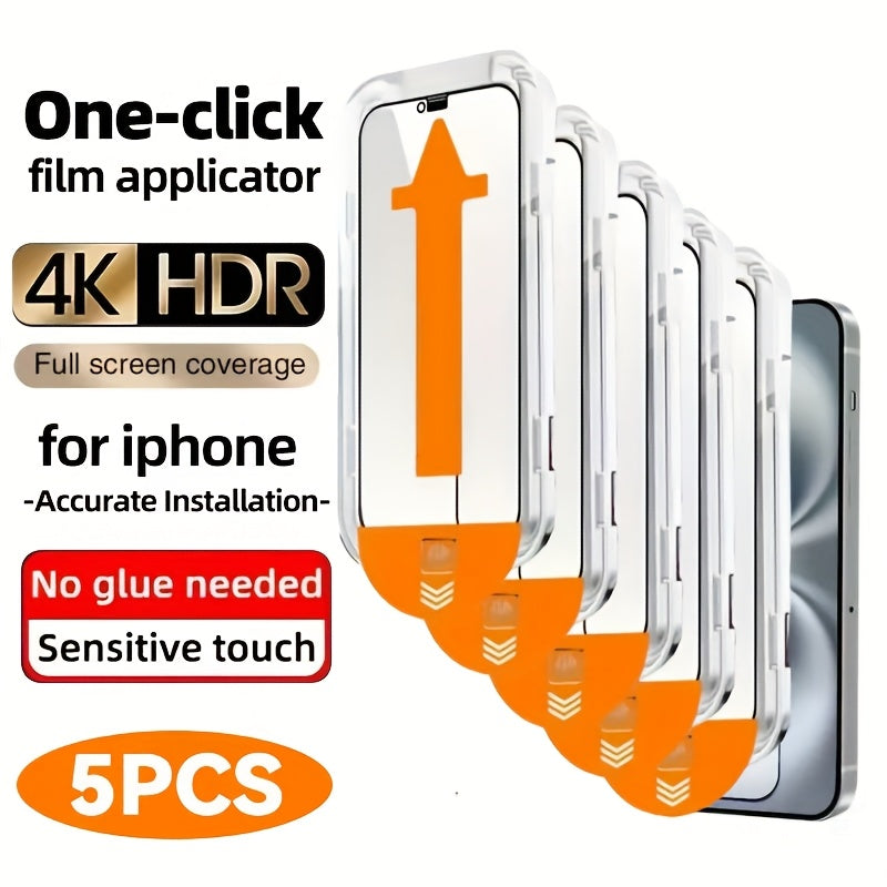 TEMU 5-pack 4k Ultra Hd Glossy Tempered Glass Screen Protector For Iphone, Film Applicator, Full Coverage, , No Glue Needed, For Iphone