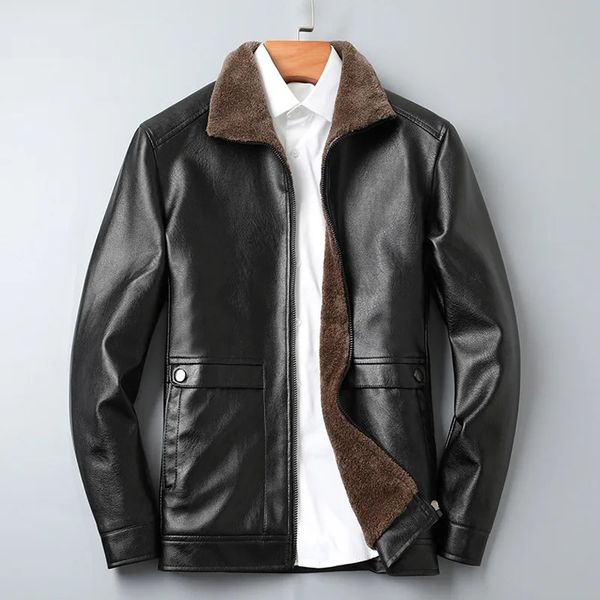 Winter Mens Wool Lined Warm Leather Jacket Mens Wool Leather Collar Leather Jacket High Quality Mens Casual PU Leather Jacket 3XL 240927